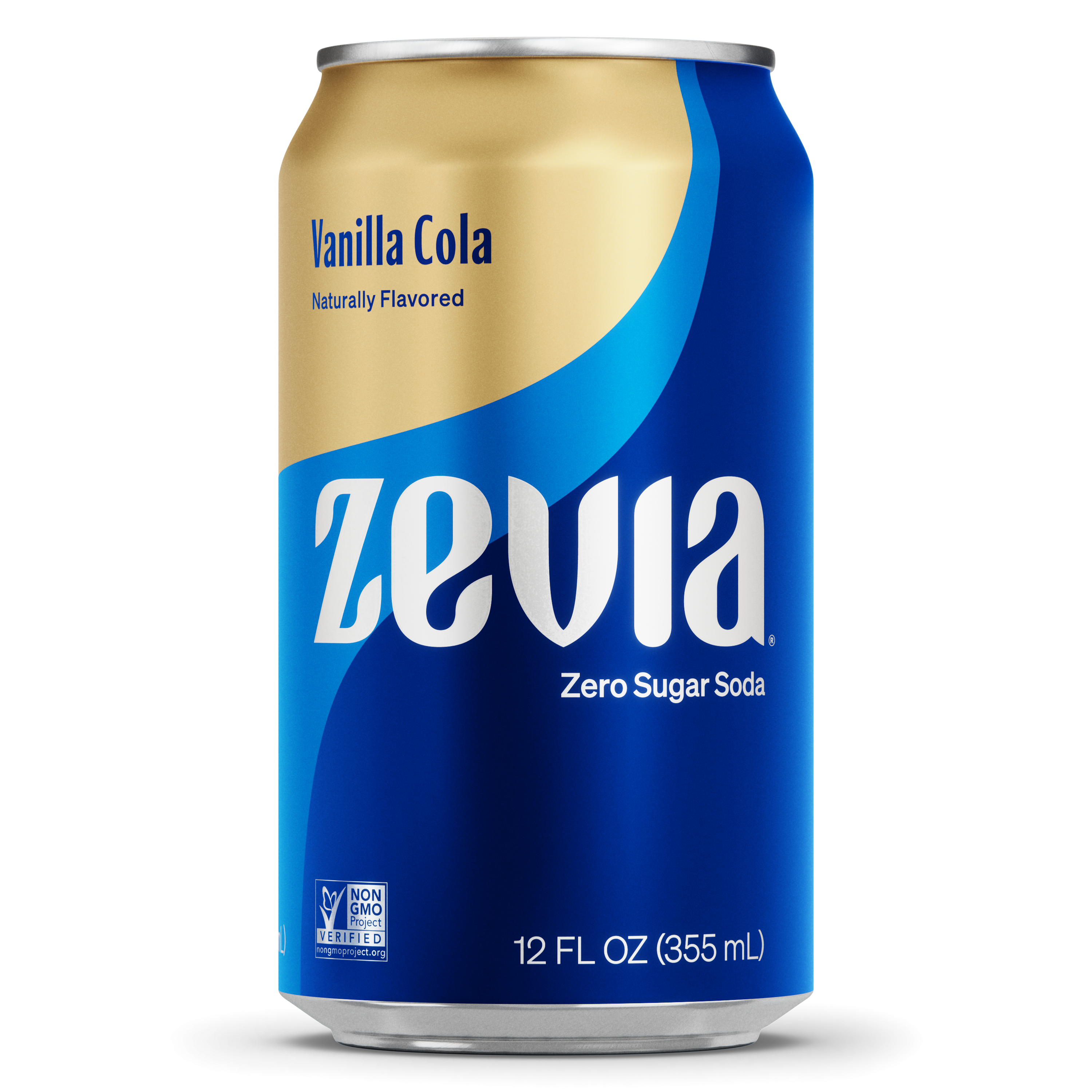 Zevia Vanilla Cola zero sugar soda can on a white background